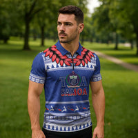 Personalised Toa Samoa Rugby Christmas Zipper Polo Shirt Ula Fala Samoan Pattern Blue LT14 - Polynesian Pride