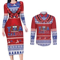 Personalised Toa Samoa Rugby Christmas Couples Matching Long Sleeve Bodycon Dress and Long Sleeve Button Shirt Ula Fala Samoan Pattern Red - Polynesian Pride