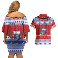 Personalised Toa Samoa Rugby Christmas Couples Matching Off Shoulder Short Dress and Hawaiian Shirt Ula Fala Samoan Pattern Red LT14 - Polynesian Pride