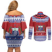 Personalised Toa Samoa Rugby Christmas Couples Matching Off Shoulder Short Dress and Long Sleeve Button Shirt Ula Fala Samoan Pattern Red - Polynesian Pride