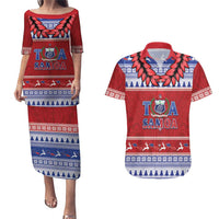 Personalised Toa Samoa Rugby Christmas Couples Matching Puletasi and Hawaiian Shirt Ula Fala Samoan Pattern Red LT14 Red - Polynesian Pride