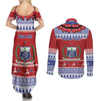 Personalised Toa Samoa Rugby Christmas Couples Matching Summer Maxi Dress and Long Sleeve Button Shirt Ula Fala Samoan Pattern Red - Polynesian Pride