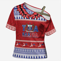 Personalised Toa Samoa Rugby Christmas Cross Shoulder Shirt Ula Fala Samoan Pattern Red LT14 Female Red - Polynesian Pride