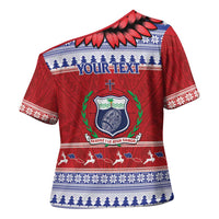 Personalised Toa Samoa Rugby Christmas Cross Shoulder Shirt Ula Fala Samoan Pattern Red LT14 - Polynesian Pride