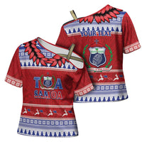 Personalised Toa Samoa Rugby Christmas Cross Shoulder Shirt Ula Fala Samoan Pattern Red LT14 - Polynesian Pride