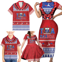 Personalised Toa Samoa Rugby Christmas Family Matching Short Sleeve Bodycon Dress and Hawaiian Shirt Ula Fala Samoan Pattern Red - Polynesian Pride
