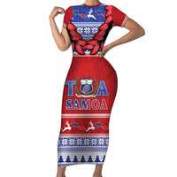 Personalised Toa Samoa Rugby Christmas Family Matching Short Sleeve Bodycon Dress and Hawaiian Shirt Ula Fala Samoan Pattern Red - Polynesian Pride