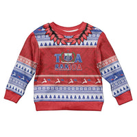 Personalised Toa Samoa Rugby Christmas Kid Ugly Christmas Sweater Ula Fala Samoan Pattern Red - Polynesian Pride