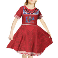 Personalised Toa Samoa Rugby Christmas Kid Short Sleeve Dress Ula Fala Samoan Pattern Red LT14 - Polynesian Pride