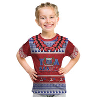 Personalised Toa Samoa Rugby Christmas Kid T Shirt Ula Fala Samoan Pattern Red LT14 Red - Polynesian Pride