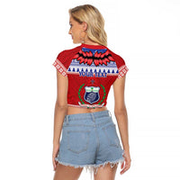 Personalised Toa Samoa Rugby Christmas Raglan Cropped T Shirt Ula Fala Samoan Pattern Red LT14 - Polynesian Pride