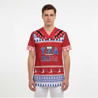 Personalised Toa Samoa Rugby Christmas Scrub Top Ula Fala Samoan Pattern Red - Polynesian Pride