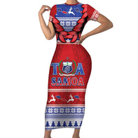 Personalised Toa Samoa Rugby Christmas Short Sleeve Bodycon Dress Ula Fala Samoan Pattern Red LT14 Long Dress Red - Polynesian Pride