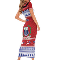 Personalised Toa Samoa Rugby Christmas Short Sleeve Bodycon Dress Ula Fala Samoan Pattern Red - Polynesian Pride