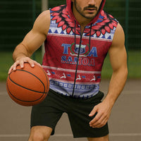 Personalised Toa Samoa Rugby Christmas Sleeveless Zip Hoodie Ula Fala Samoan Pattern Red LT14 - Polynesian Pride