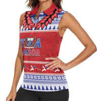 Personalised Toa Samoa Rugby Christmas Women Sleeveless Polo Shirt Ula Fala Samoan Pattern Red - Polynesian Pride