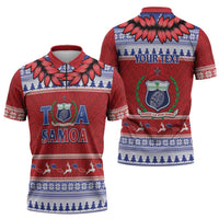 Personalised Toa Samoa Rugby Christmas Zipper Polo Shirt Ula Fala Samoan Pattern Red LT14 - Polynesian Pride