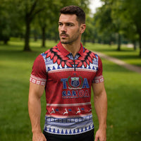 Personalised Toa Samoa Rugby Christmas Zipper Polo Shirt Ula Fala Samoan Pattern Red LT14 - Polynesian Pride