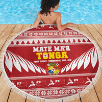 Tonga Rugby Christmas Beach Blanket Mate Maa Tonga Ngatu Pattern - Polynesian Pride