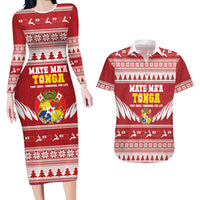 Personalised Tonga Rugby Christmas Couples Matching Long Sleeve Bodycon Dress and Hawaiian Shirt Mate Maa Tonga Ngatu Pattern LT14 Red - Polynesian Pride