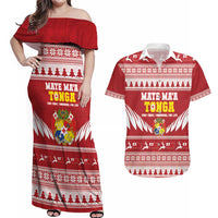 Personalised Tonga Rugby Christmas Couples Matching Off Shoulder Maxi Dress and Hawaiian Shirt Mate Maa Tonga Ngatu Pattern LT14 Red - Polynesian Pride