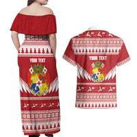 Personalised Tonga Rugby Christmas Couples Matching Off Shoulder Maxi Dress and Hawaiian Shirt Mate Maa Tonga Ngatu Pattern LT14 - Polynesian Pride
