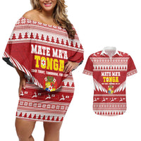Personalised Tonga Rugby Christmas Couples Matching Off Shoulder Short Dress and Hawaiian Shirt Mate Maa Tonga Ngatu Pattern LT14 Red - Polynesian Pride
