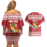 Personalised Tonga Rugby Christmas Couples Matching Off Shoulder Short Dress and Hawaiian Shirt Mate Maa Tonga Ngatu Pattern LT14 - Polynesian Pride