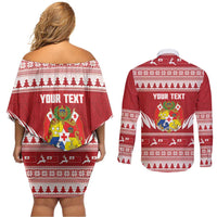 Personalised Tonga Rugby Christmas Couples Matching Off Shoulder Short Dress and Long Sleeve Button Shirt Mate Maa Tonga Ngatu Pattern - Polynesian Pride