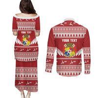 Personalised Tonga Rugby Christmas Couples Matching Puletasi and Long Sleeve Button Shirt Mate Maa Tonga Ngatu Pattern LT14 - Polynesian Pride