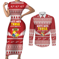 Personalised Tonga Rugby Christmas Couples Matching Short Sleeve Bodycon Dress and Long Sleeve Button Shirt Mate Maa Tonga Ngatu Pattern LT14 Red - Polynesian Pride