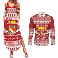 Personalised Tonga Rugby Christmas Couples Matching Summer Maxi Dress and Long Sleeve Button Shirt Mate Maa Tonga Ngatu Pattern LT14 Red - Polynesian Pride