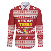 Personalised Tonga Rugby Christmas Family Matching Puletasi and Hawaiian Shirt Mate Maa Tonga Ngatu Pattern LT14 Dad's Shirt - Long Sleeve Red - Polynesian Pride