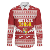 Personalised Tonga Rugby Christmas Family Matching Summer Maxi Dress and Hawaiian Shirt Mate Maa Tonga Ngatu Pattern LT14 Dad's Shirt - Long Sleeve Red - Polynesian Pride