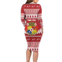 Personalised Tonga Rugby Christmas Long Sleeve Bodycon Dress Mate Maa Tonga Ngatu Pattern - Polynesian Pride