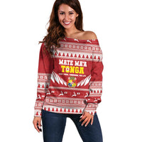 Personalised Tonga Rugby Christmas Off Shoulder Sweater Mate Maa Tonga Ngatu Pattern - Polynesian Pride