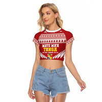 Personalised Tonga Rugby Christmas Raglan Cropped T Shirt Mate Maa Tonga Ngatu Pattern LT14 Female Red - Polynesian Pride