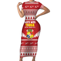 Personalised Tonga Rugby Christmas Short Sleeve Bodycon Dress Mate Maa Tonga Ngatu Pattern LT14 Long Dress Red - Polynesian Pride