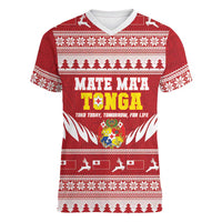 Personalised Tonga Rugby Christmas Women V-Neck T-Shirt Mate Maa Tonga Ngatu Pattern LT14 Female Red - Polynesian Pride