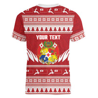 Personalised Tonga Rugby Christmas Women V-Neck T-Shirt Mate Maa Tonga Ngatu Pattern LT14 - Polynesian Pride
