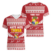 Personalised Tonga Rugby Christmas Women V-Neck T-Shirt Mate Maa Tonga Ngatu Pattern LT14 - Polynesian Pride