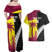New Zealand and West Indies Cricket Custom Couples Matching Off Shoulder Maxi Dress and Hawaiian Shirt Black Cap Windies Together - Polynesian Pride