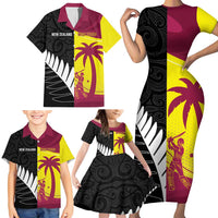 New Zealand and West Indies Cricket Custom Family Matching Short Sleeve Bodycon Dress and Hawaiian Shirt Black Cap Windies Together - Polynesian Pride