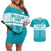 New Zealand Silver Fern Cricket Custom Couples Matching Off Shoulder Short Dress and Hawaiian Shirt Black Cap Teal Maori Pattern - Polynesian Pride