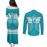 New Zealand Silver Fern Cricket Custom Couples Matching Puletasi and Long Sleeve Button Shirt Black Cap Teal Maori Pattern LT14 - Polynesian Pride