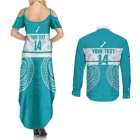 New Zealand Silver Fern Cricket Custom Couples Matching Summer Maxi Dress and Long Sleeve Button Shirt Black Cap Teal Maori Pattern LT14 - Polynesian Pride