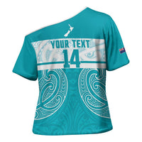 New Zealand Silver Fern Cricket Custom Cross Shoulder Shirt Black Cap Teal Maori Pattern LT14 - Polynesian Pride