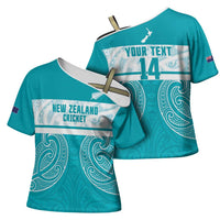 New Zealand Silver Fern Cricket Custom Cross Shoulder Shirt Black Cap Teal Maori Pattern LT14 - Polynesian Pride