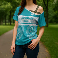 New Zealand Silver Fern Cricket Custom Cross Shoulder Shirt Black Cap Teal Maori Pattern LT14 - Polynesian Pride
