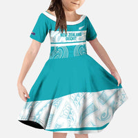 New Zealand Silver Fern Cricket Custom Family Matching Mermaid Dress and Hawaiian Shirt Black Cap Teal Maori Pattern LT14 Daughter's Dress Teal - Polynesian Pride